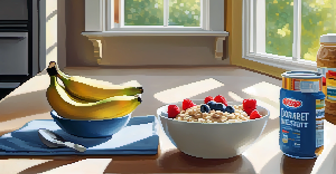 A bright kitchen with a bowl of oatmeal and a banana with peanut butter on a table, illuminated by sunlight.