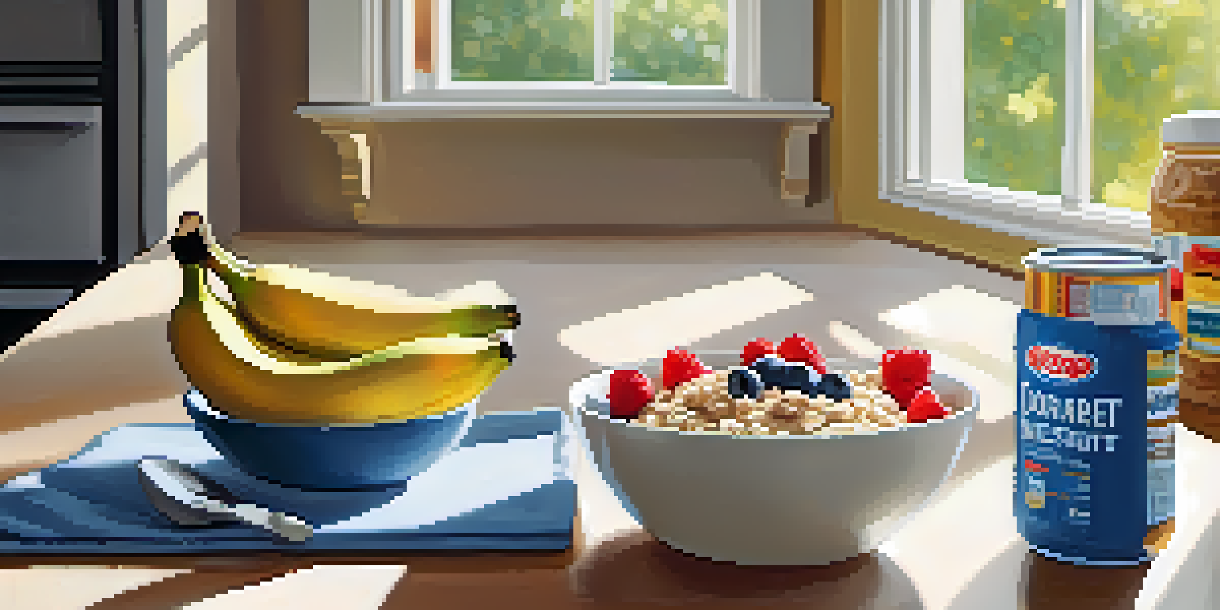 A bright kitchen with a bowl of oatmeal and a banana with peanut butter on a table, illuminated by sunlight.