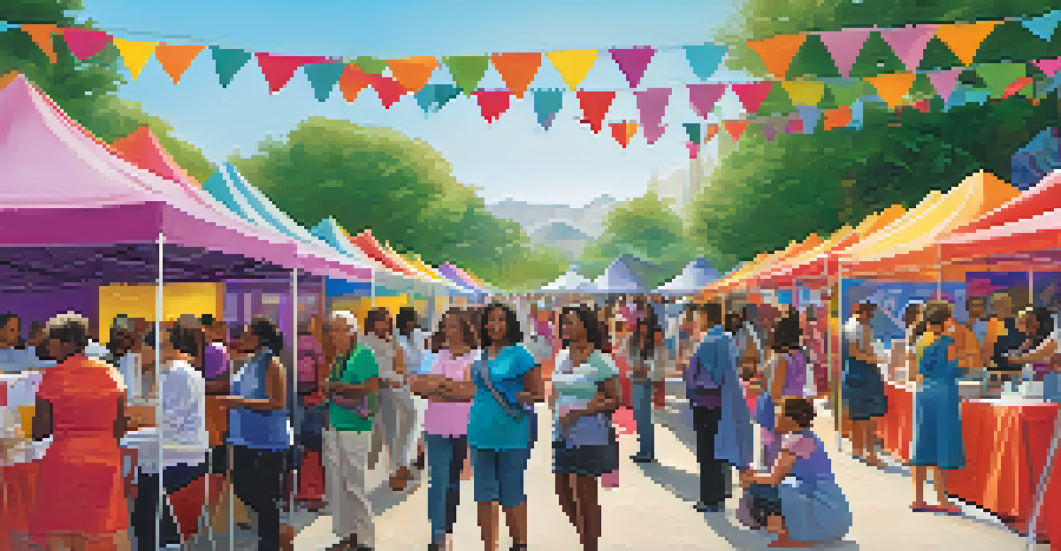 A vibrant outdoor community health event with women interacting at booths for health screenings and information.