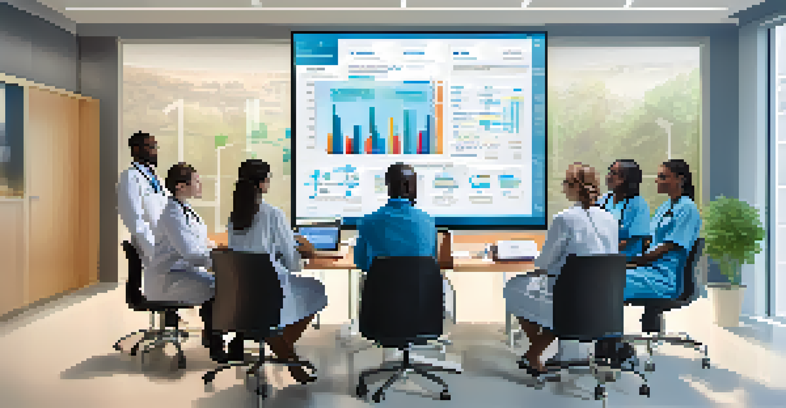 A diverse team of healthcare workers in a meeting about data accuracy with charts displayed on a screen.