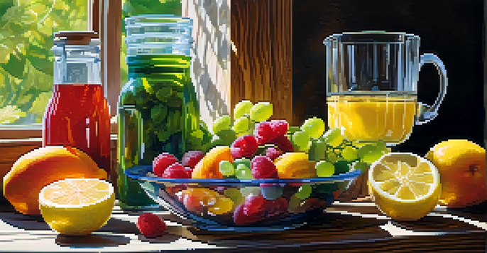 A healthy meal featuring colorful fruits, vegetables, and whole grains on a wooden table, with a glass of lemon water beside it.