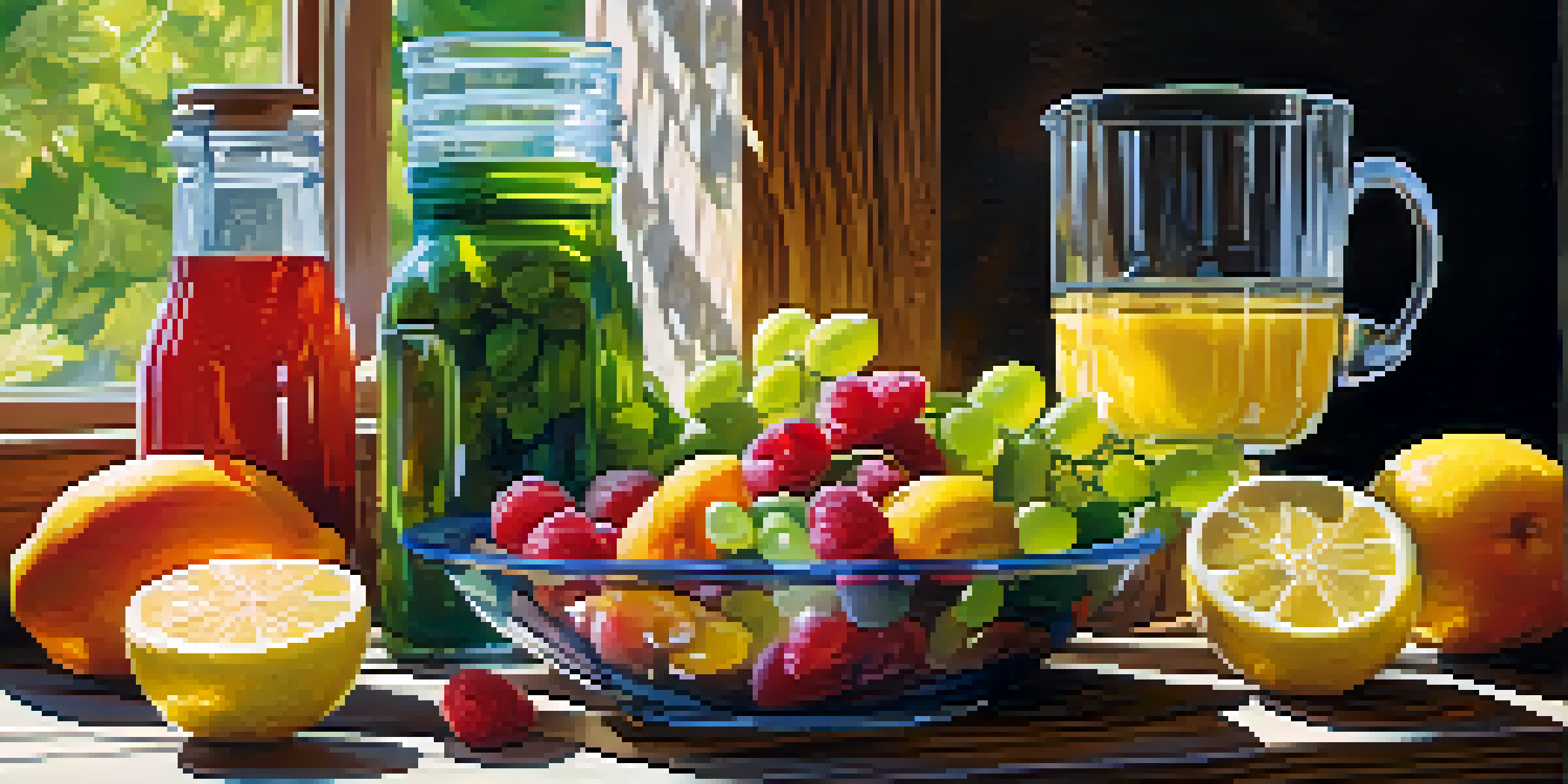 A healthy meal featuring colorful fruits, vegetables, and whole grains on a wooden table, with a glass of lemon water beside it.