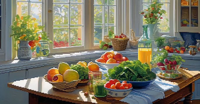 A bright kitchen table filled with colorful, healthy foods like fruits, vegetables, and nuts, with sunlight streaming in through a window.