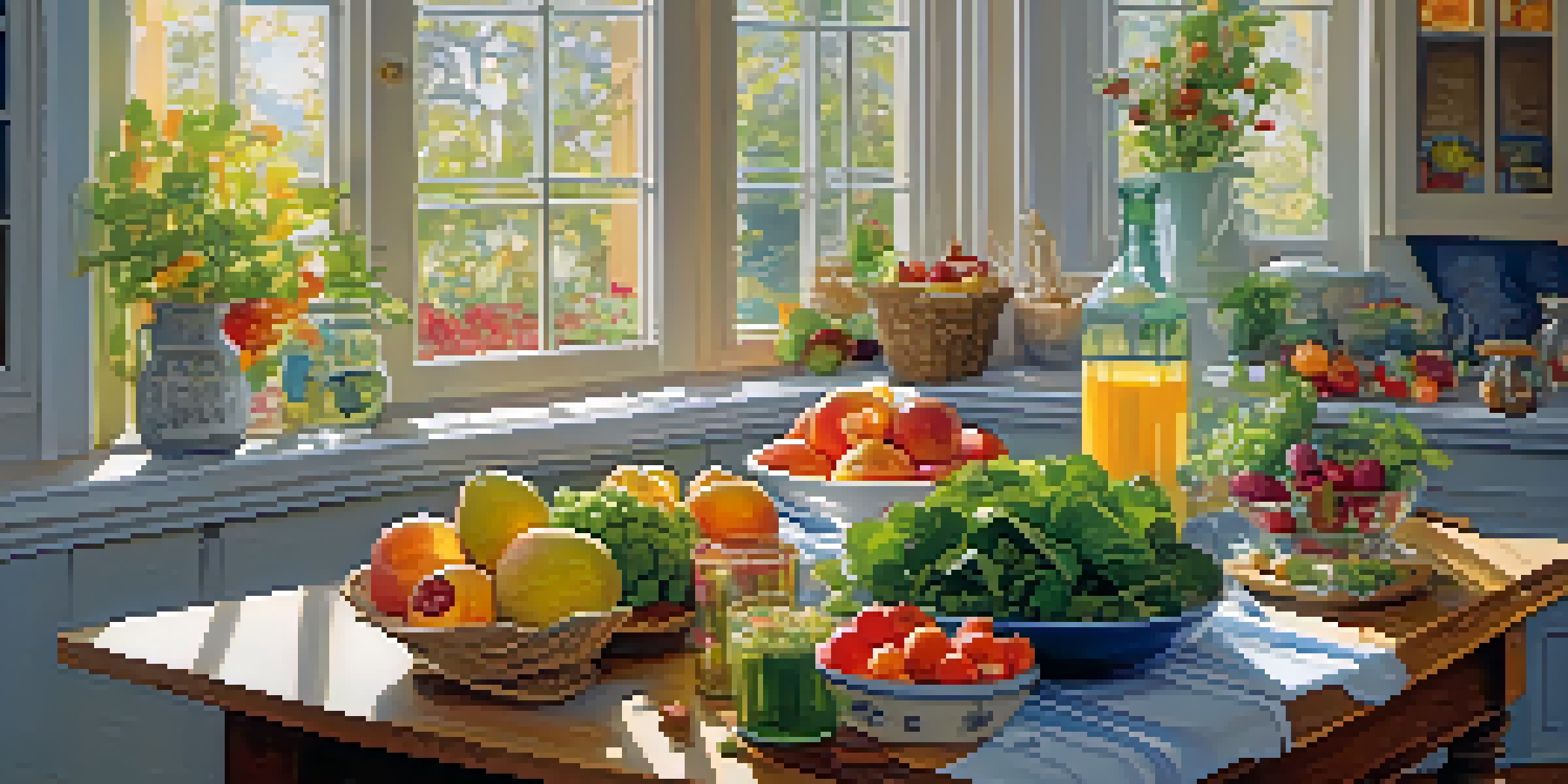 A bright kitchen table filled with colorful, healthy foods like fruits, vegetables, and nuts, with sunlight streaming in through a window.