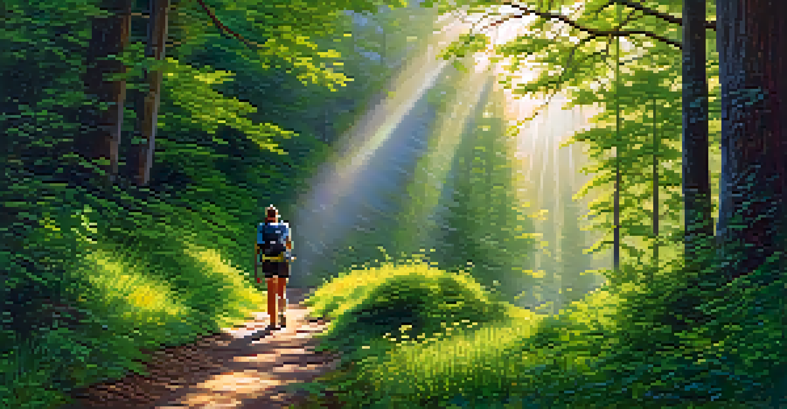 A person hiking on a green trail, surrounded by trees and flowers, enjoying nature without technology.