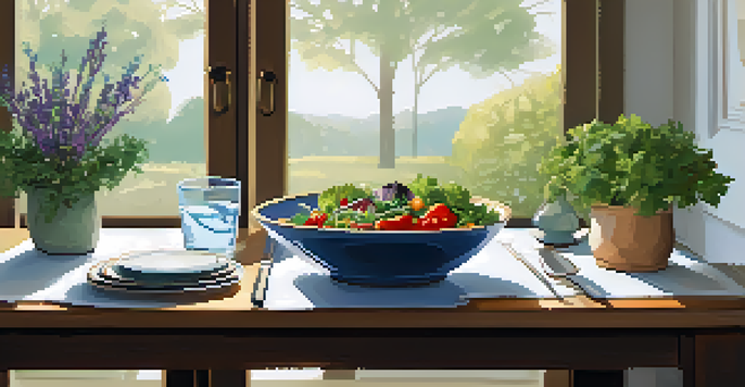 A beautifully set dining table with a fresh salad, grilled vegetables, and a glass of water, illuminated by soft natural light.