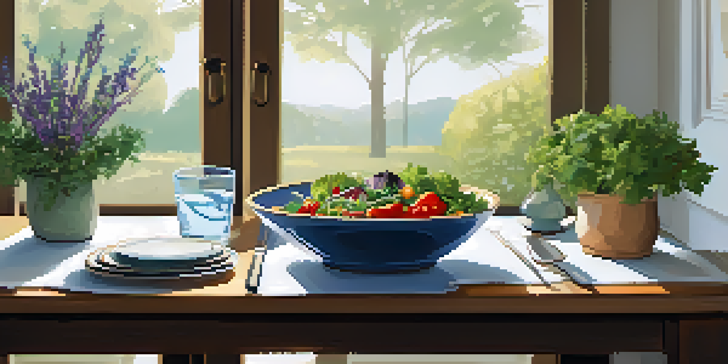 A beautifully set dining table with a fresh salad, grilled vegetables, and a glass of water, illuminated by soft natural light.