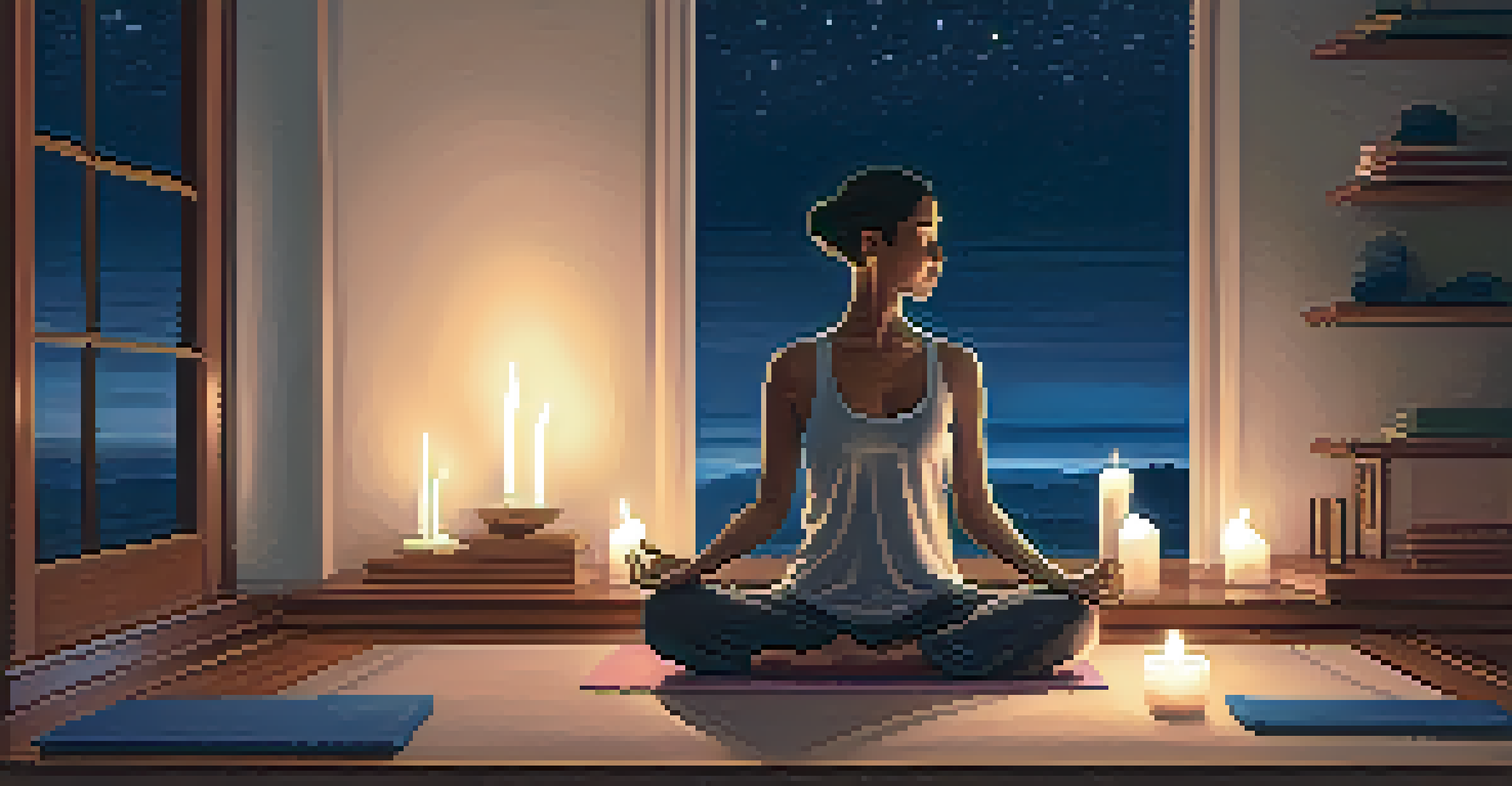 A person practicing yoga in a softly lit room with calming decor and flickering candles.