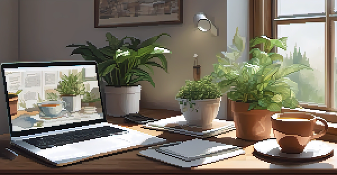 An indoor workspace with a wooden desk, laptop, journal, and tea, with soft natural light coming through a window and plants on the windowsill.