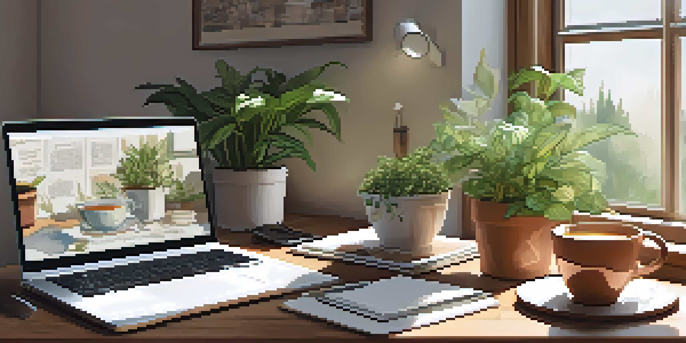 An indoor workspace with a wooden desk, laptop, journal, and tea, with soft natural light coming through a window and plants on the windowsill.