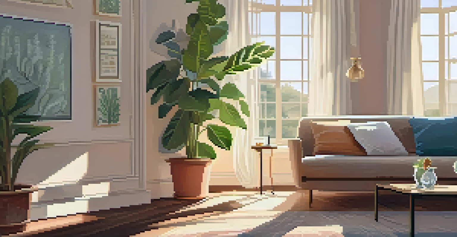 A cozy living room with a diffuser, sunlight filtering through curtains, and a table with a book and tea, creating a peaceful atmosphere.