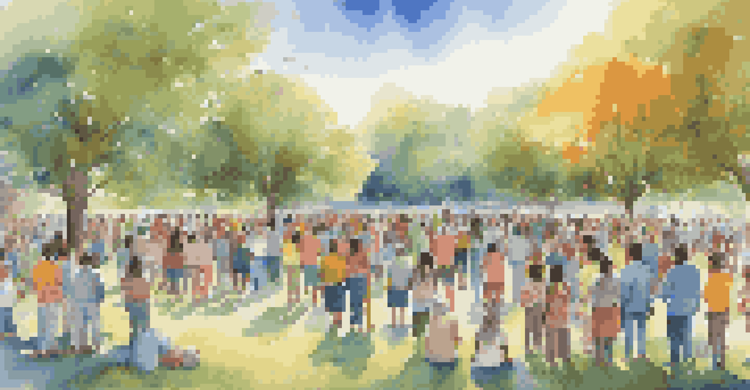 A diverse group of people holding hands during a prayer session in a park, surrounded by colorful banners and flowers.