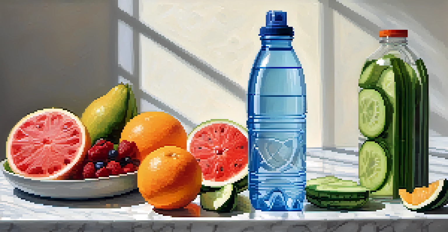 A water bottle with hydrating fruits like watermelon and oranges on a marble countertop, showcasing freshness.