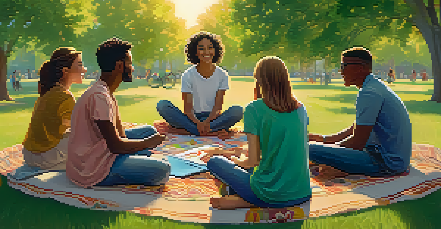 An outdoor group therapy session in a park with young people sitting in a circle, enjoying the sunset and sharing experiences.