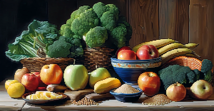 A vibrant assortment of fiber-rich foods including fruits, vegetables, and whole grains arranged on a wooden table.