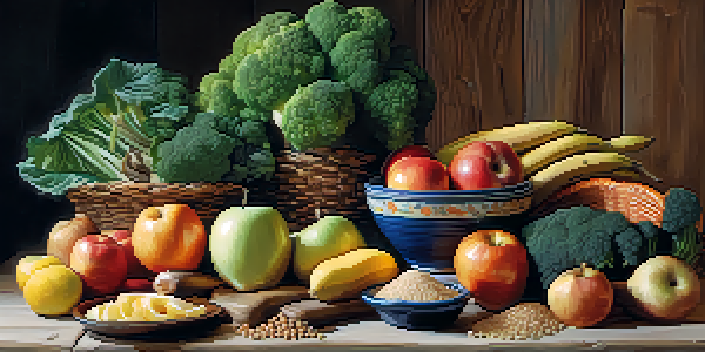 A vibrant assortment of fiber-rich foods including fruits, vegetables, and whole grains arranged on a wooden table.