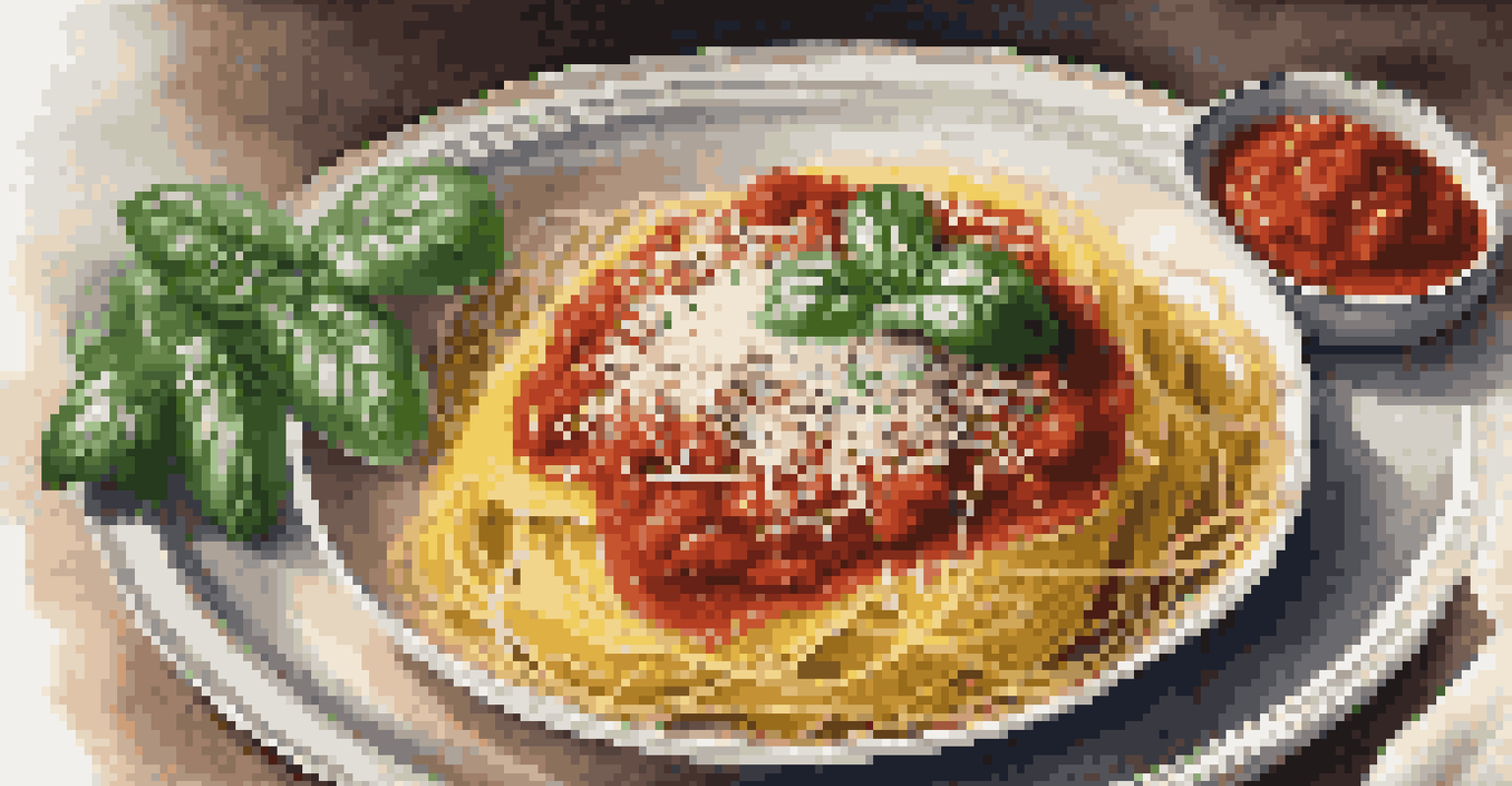 Plate of spaghetti squash with marinara sauce and Parmesan cheese, garnished with basil leaves in a cozy kitchen.