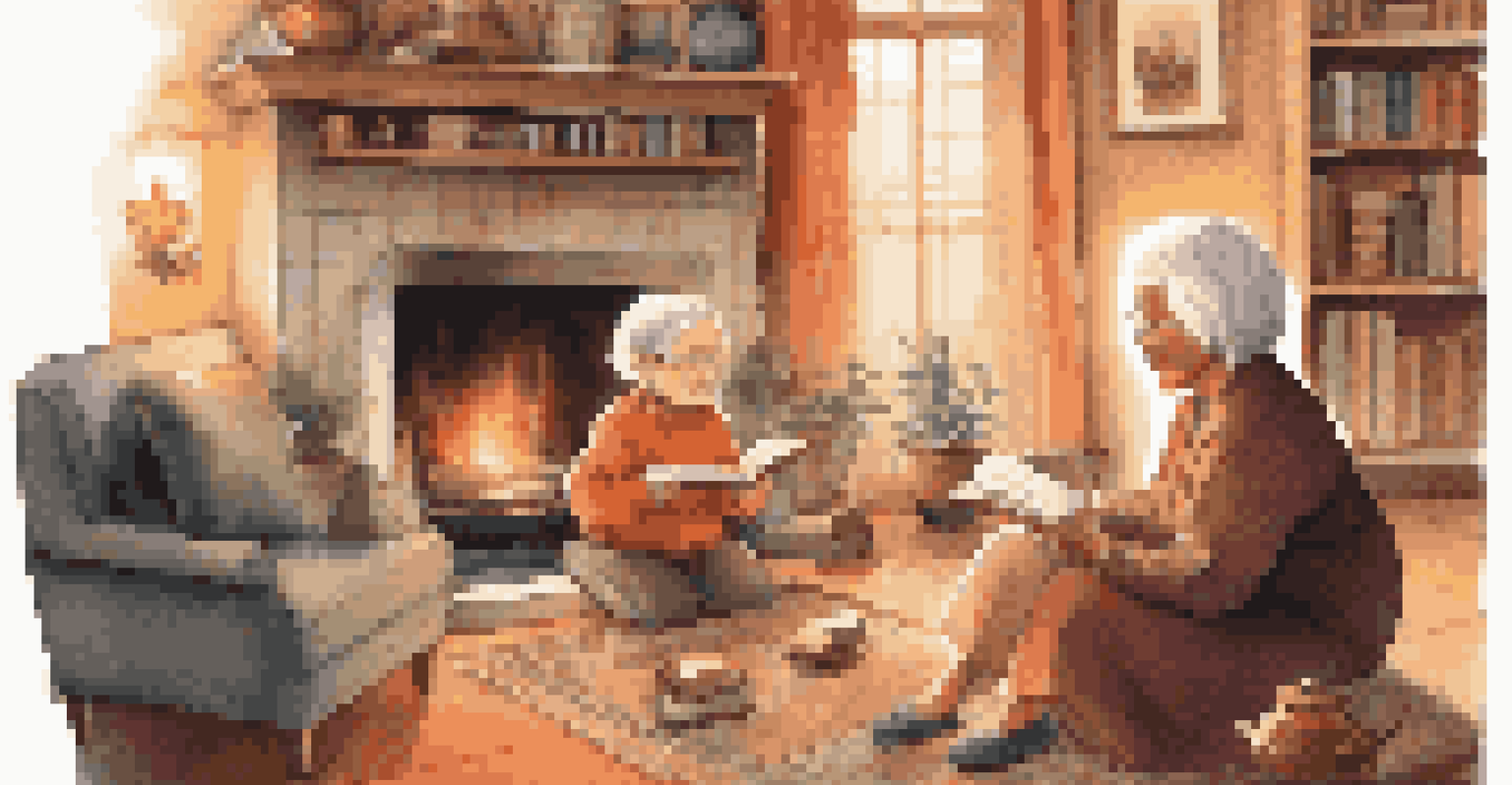 An elderly woman and a young child enjoying a storytelling session in a cozy living room filled with books and cultural artifacts.