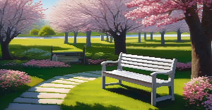 A tranquil garden filled with colorful flowers and a wooden bench under a cherry tree, illuminated by warm sunlight.