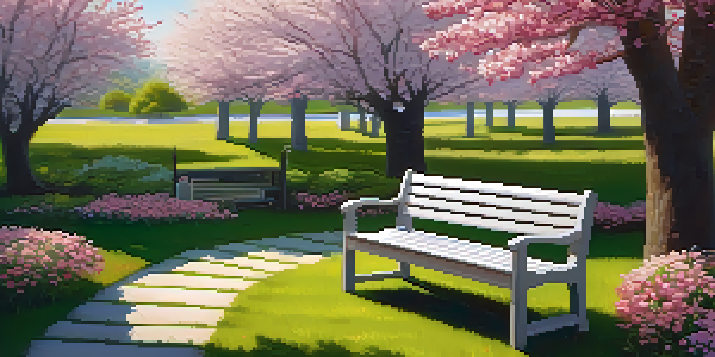 A tranquil garden filled with colorful flowers and a wooden bench under a cherry tree, illuminated by warm sunlight.