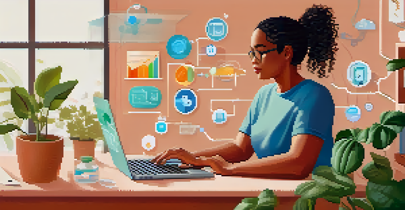 A person using a laptop to access health information online, surrounded by icons of health topics in a cozy home office environment.