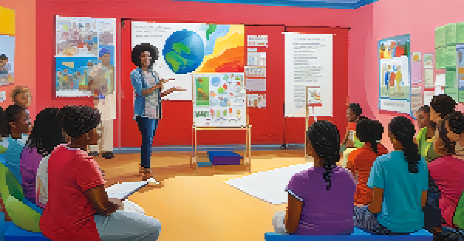 A community health worker leading a health education workshop with engaged participants in a colorful room.