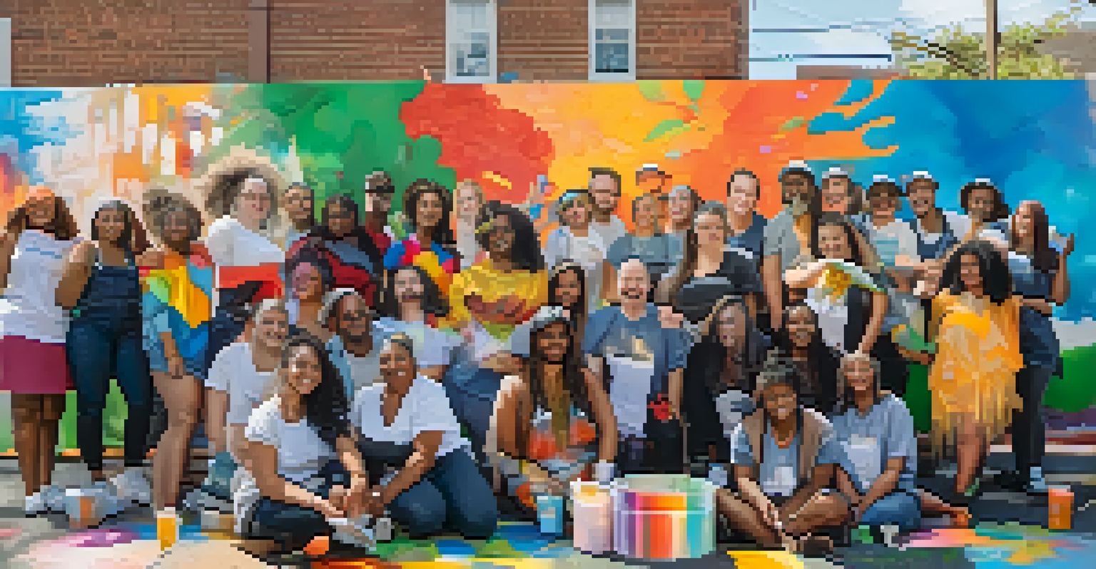 A community art workshop with people painting a large mural together, showcasing themes of unity and mental health.