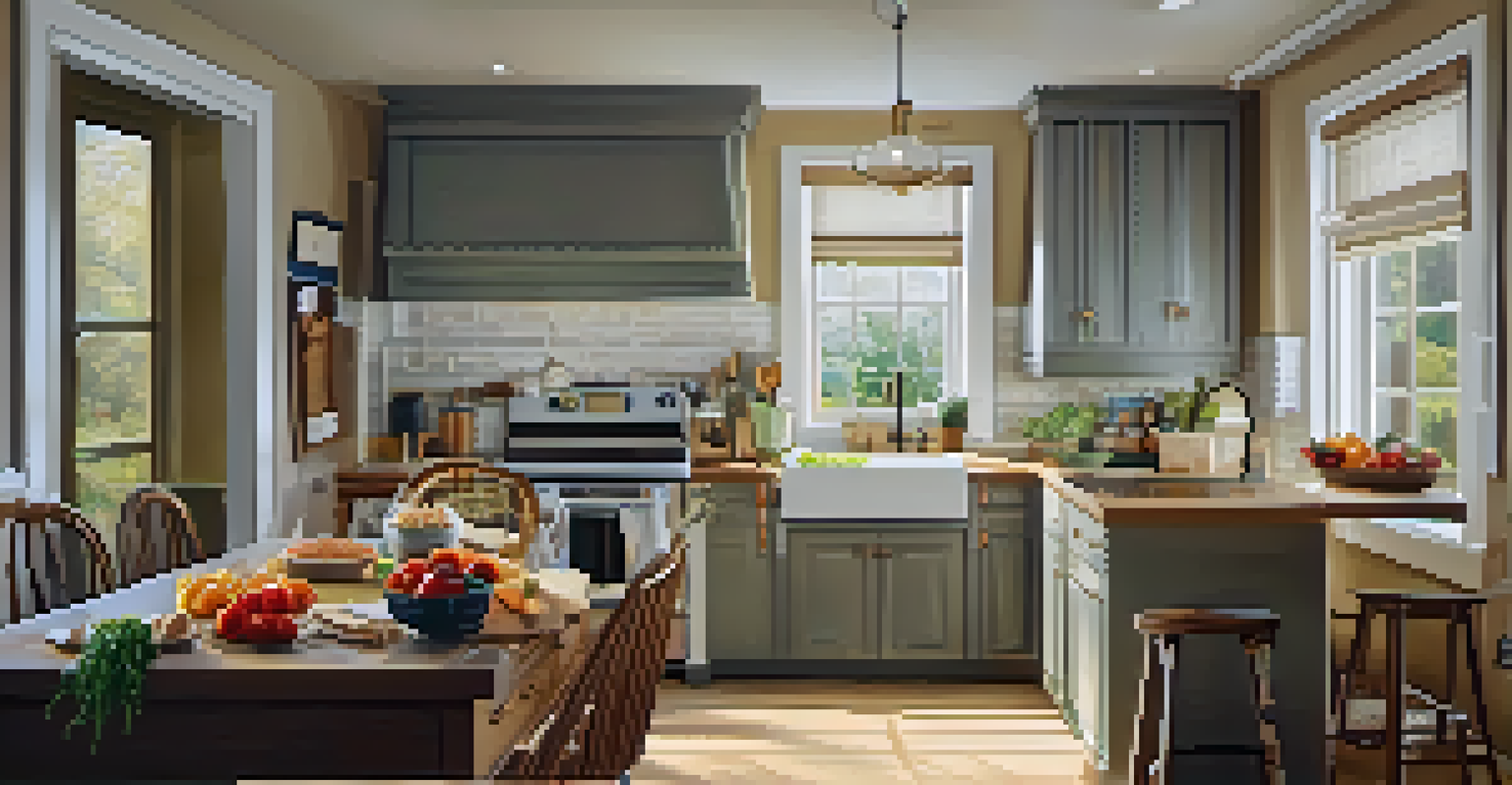 A kitchen with meal prep ingredients and a weekly meal planner, bathed in natural light.