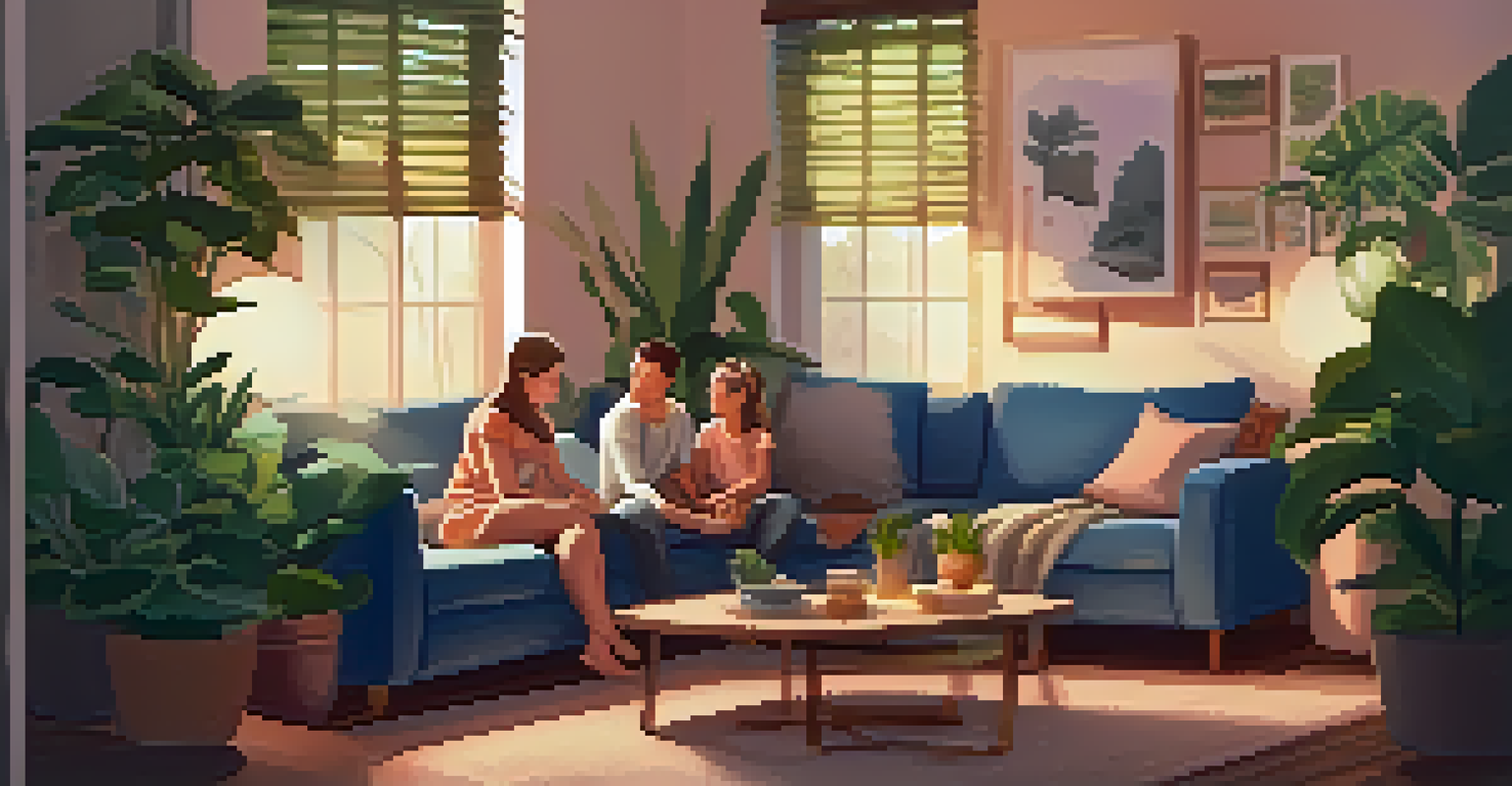 A family practicing mindfulness together in a cozy living room, surrounded by plants and soft lighting.