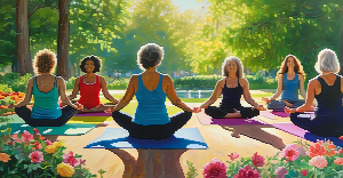 A diverse group of women practicing yoga in a sunny park, surrounded by flowers and greenery, representing empowerment and community.