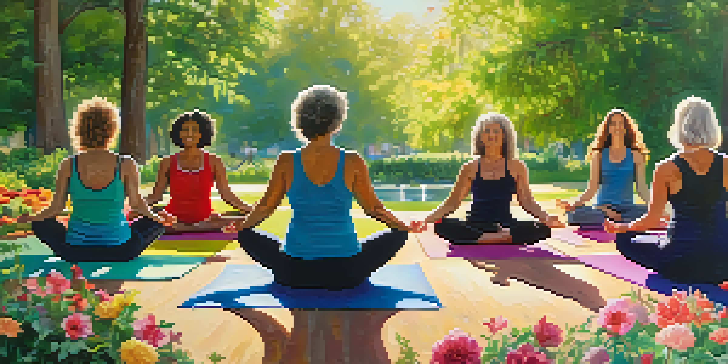 A diverse group of women practicing yoga in a sunny park, surrounded by flowers and greenery, representing empowerment and community.