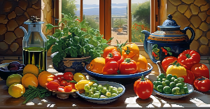 A Mediterranean kitchen with a wooden table filled with colorful fruits and vegetables under warm sunlight.
