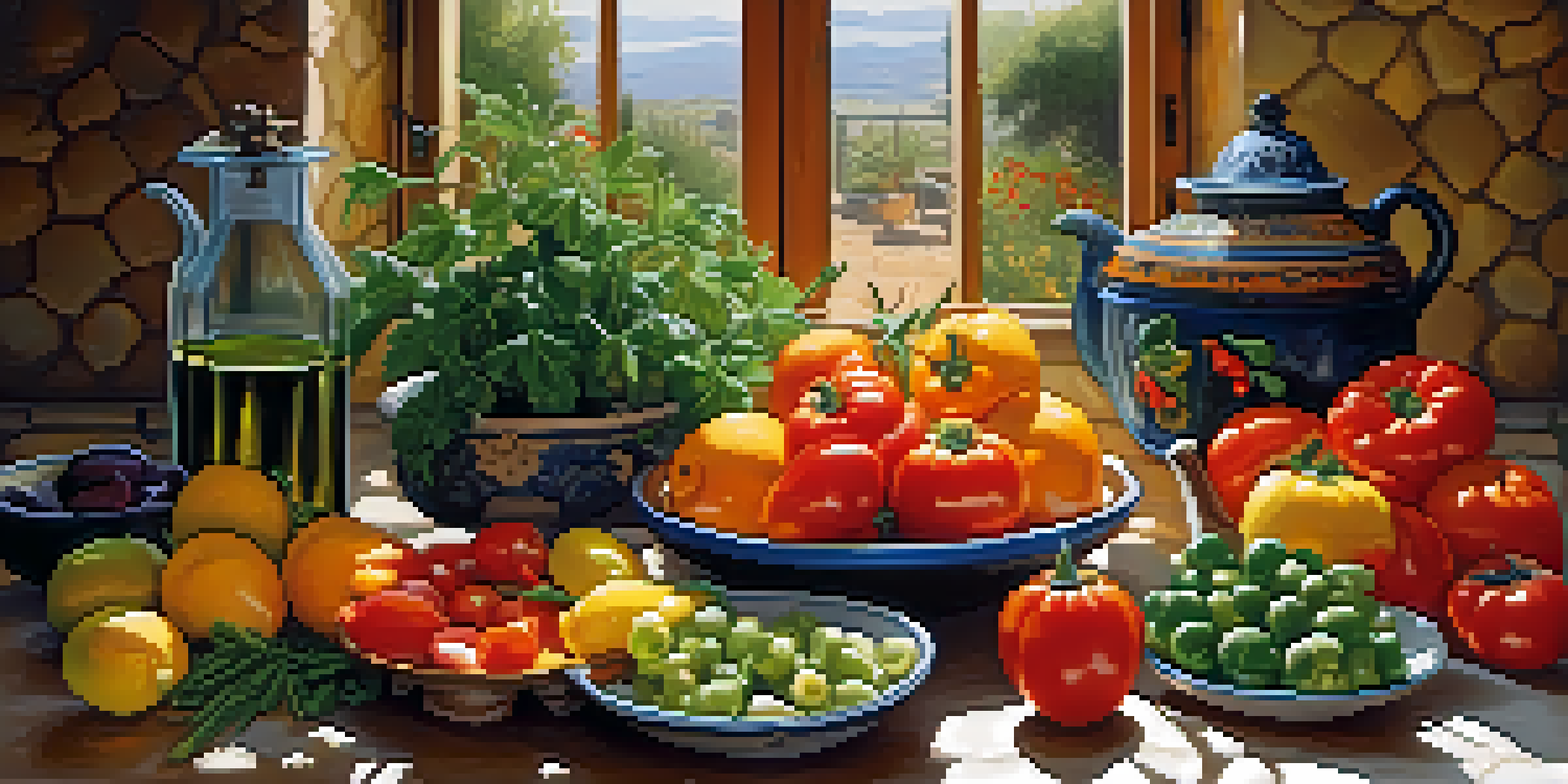 A Mediterranean kitchen with a wooden table filled with colorful fruits and vegetables under warm sunlight.