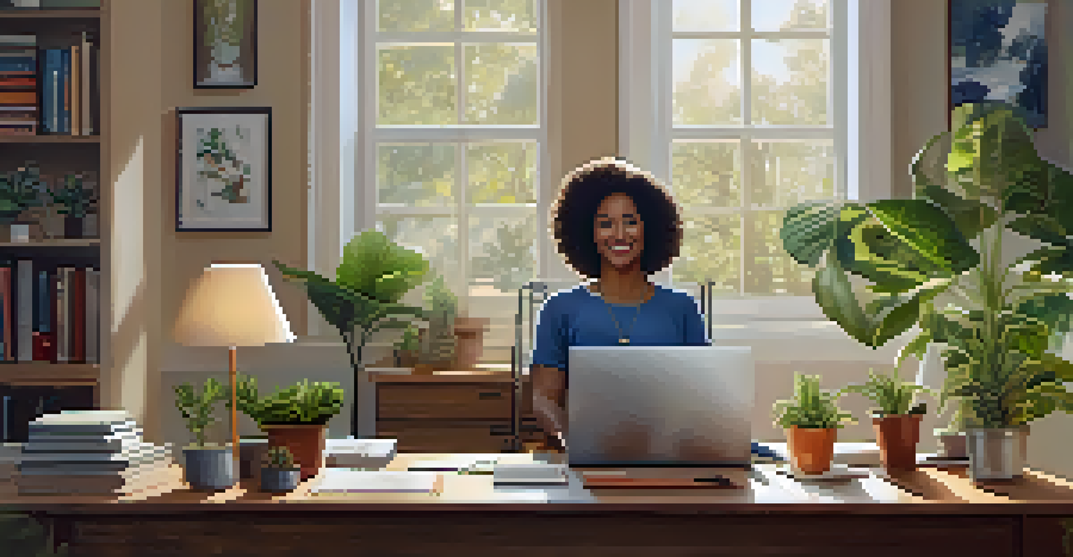 A cozy home office with a laptop and yoga mat, symbolizing work-life balance and personal well-being.