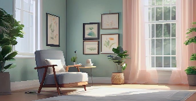 A peaceful therapy room with natural light, a comfortable armchair, a small table with a notebook, and a potted plant in the corner.