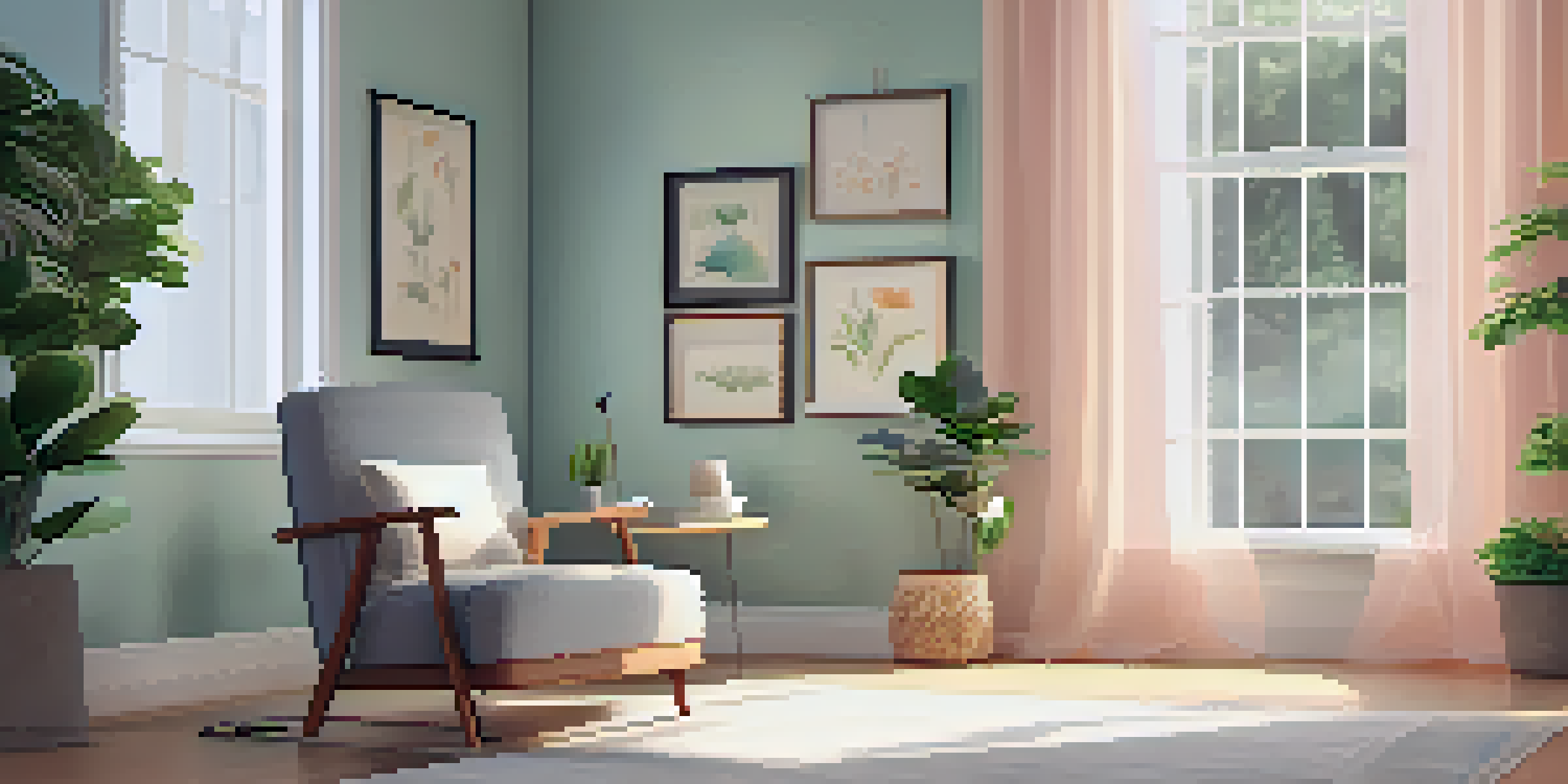 A peaceful therapy room with natural light, a comfortable armchair, a small table with a notebook, and a potted plant in the corner.