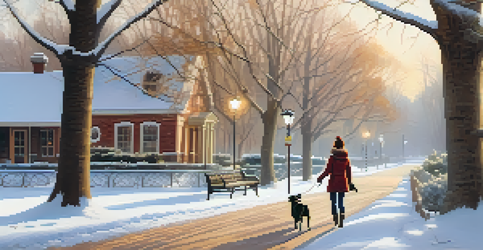 A woman smiling while walking her dog in a snowy park, surrounded by trees and other pet owners.