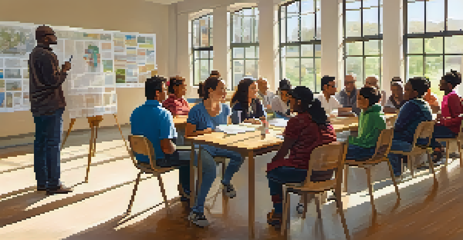 An indoor workshop with adults from different backgrounds, engaged in learning activities in a bright community center.
