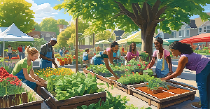 A group of diverse people working in a community garden, planting flowers and vegetables under the bright sun, showcasing teamwork and connection.