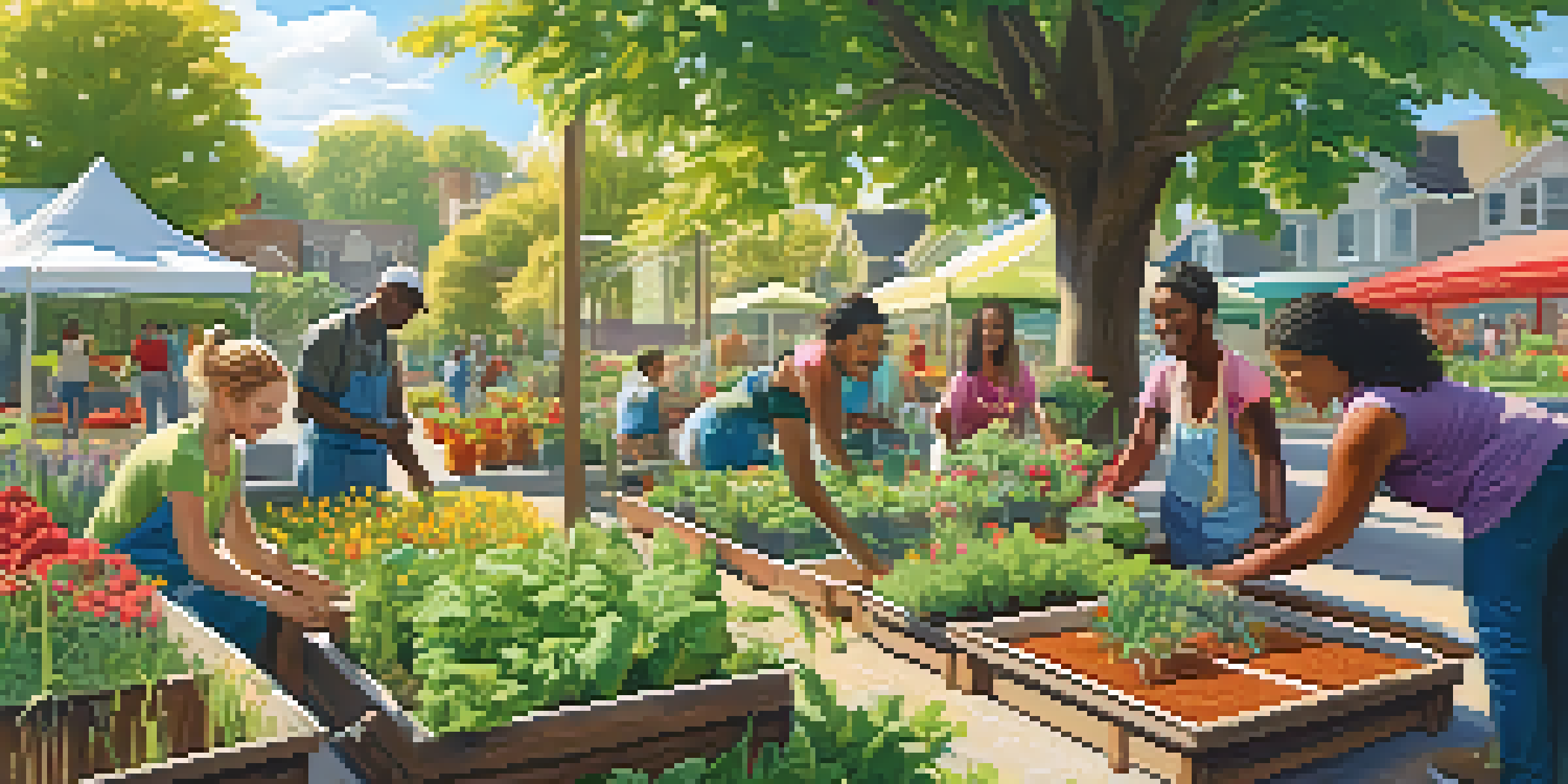 A group of diverse people working in a community garden, planting flowers and vegetables under the bright sun, showcasing teamwork and connection.