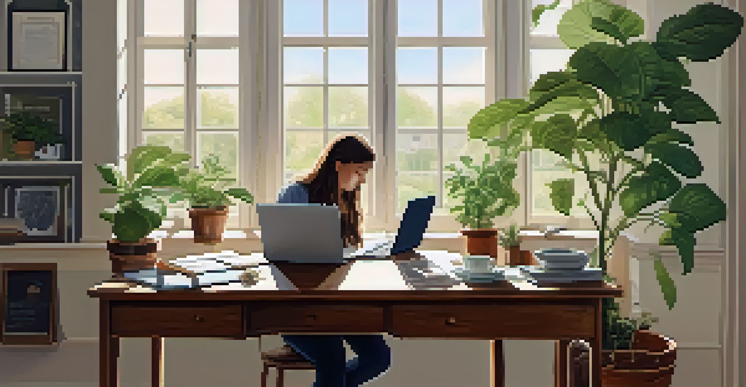 An individual documenting family health history at a desk with a laptop, papers, and a potted plant.