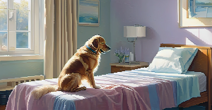 A patient in a hospital room is petting a golden retriever therapy dog, both looking calm and content in a softly lit environment.