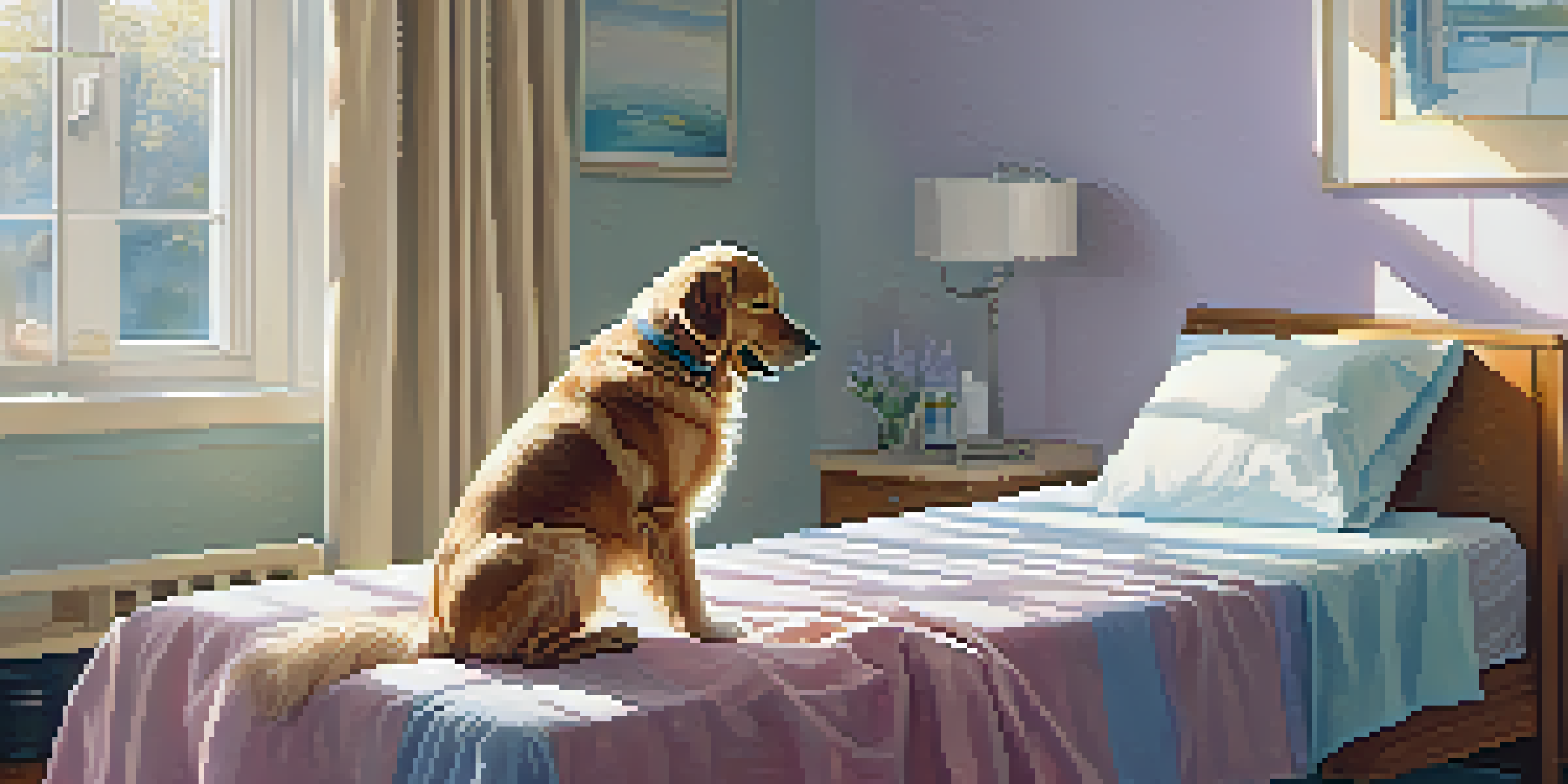 A patient in a hospital room is petting a golden retriever therapy dog, both looking calm and content in a softly lit environment.
