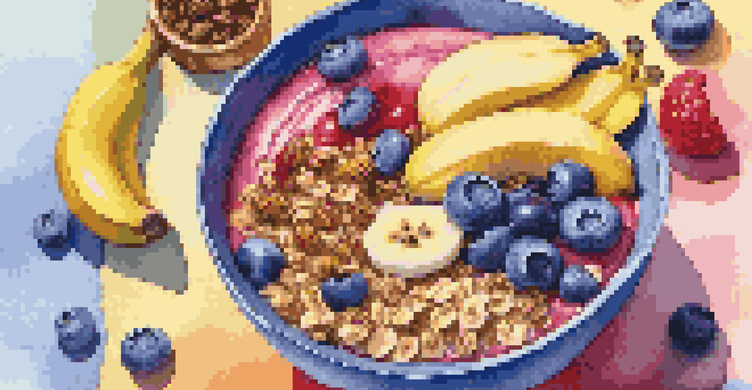 A smoothie bowl topped with bananas, blueberries, granola, and honey against a colorful backdrop.