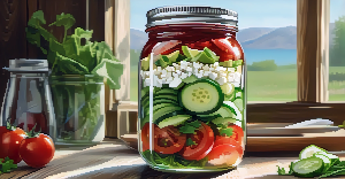 A mason jar filled with a colorful salad made of greens, tomatoes, cucumbers, and feta cheese, resting on a wooden table with sunlight.