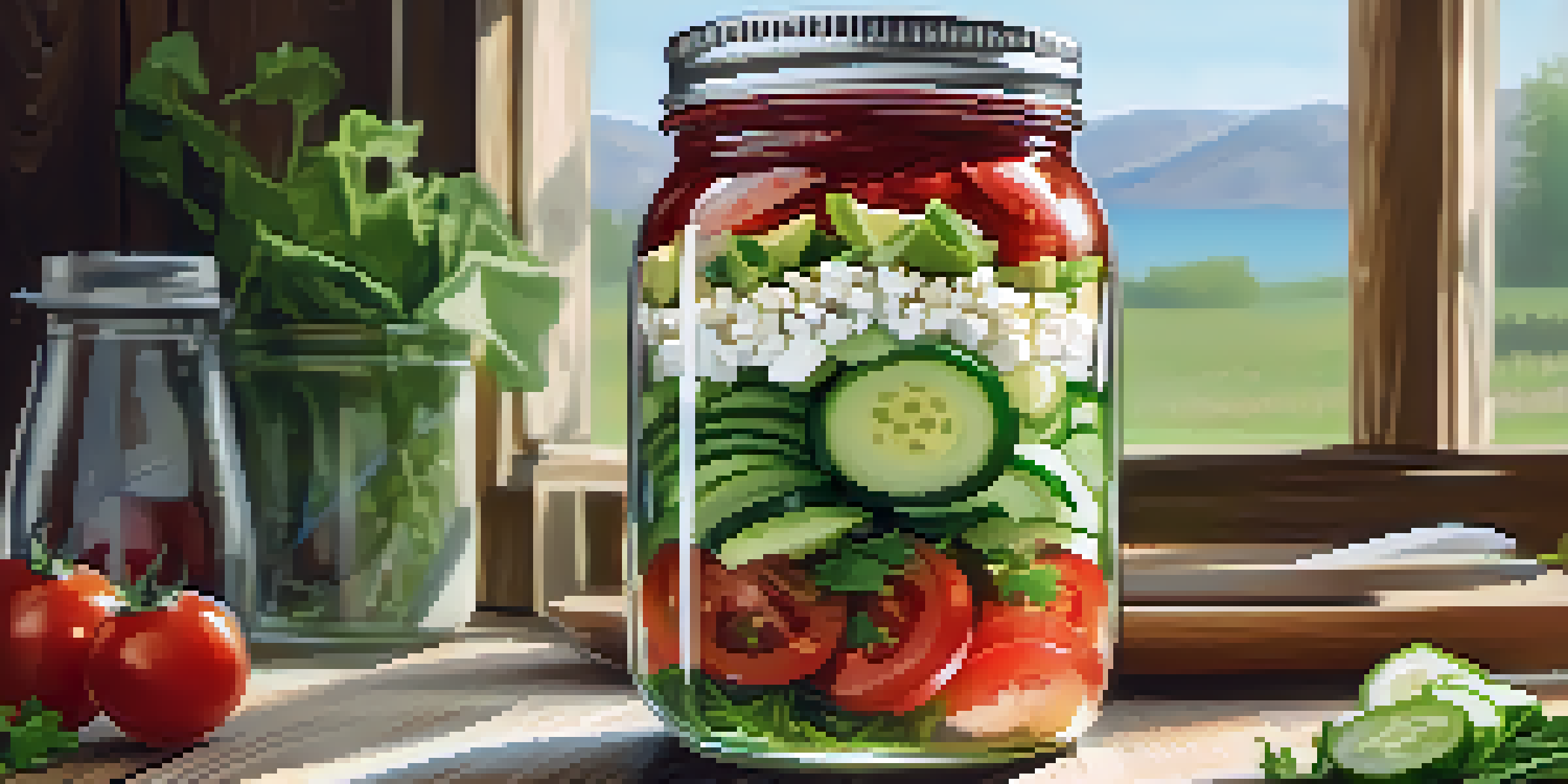 A mason jar filled with a colorful salad made of greens, tomatoes, cucumbers, and feta cheese, resting on a wooden table with sunlight.
