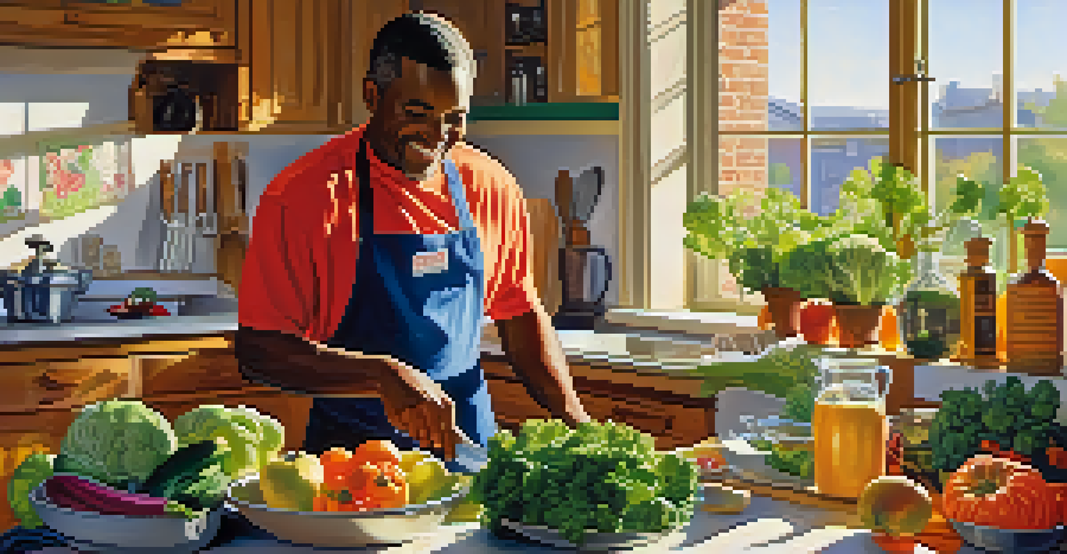 A man in a kitchen preparing a healthy meal with fresh ingredients and sunlight streaming in.
