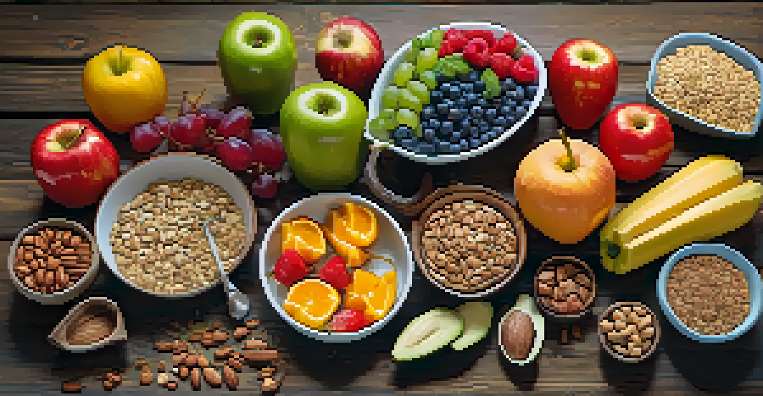 A plate filled with colorful heart-healthy foods like fruits, vegetables, and whole grains.