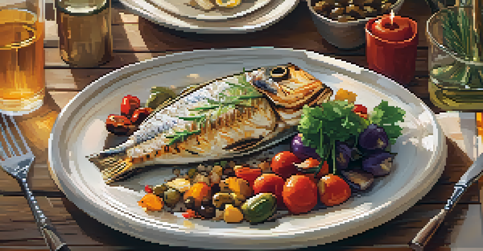 A Mediterranean meal with grilled fish, roasted vegetables, and whole grains, beautifully presented on a rustic table under warm lighting.
