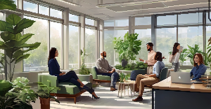 A group of diverse employees conversing in a bright, plant-filled office, emphasizing a supportive work environment.